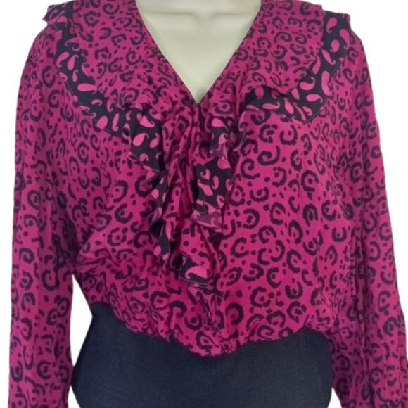 Vintage Assorti  X Susan Fries Blouse Purple Leopard Print Ruffled Fitted Hem S - Picture 2 of 4
